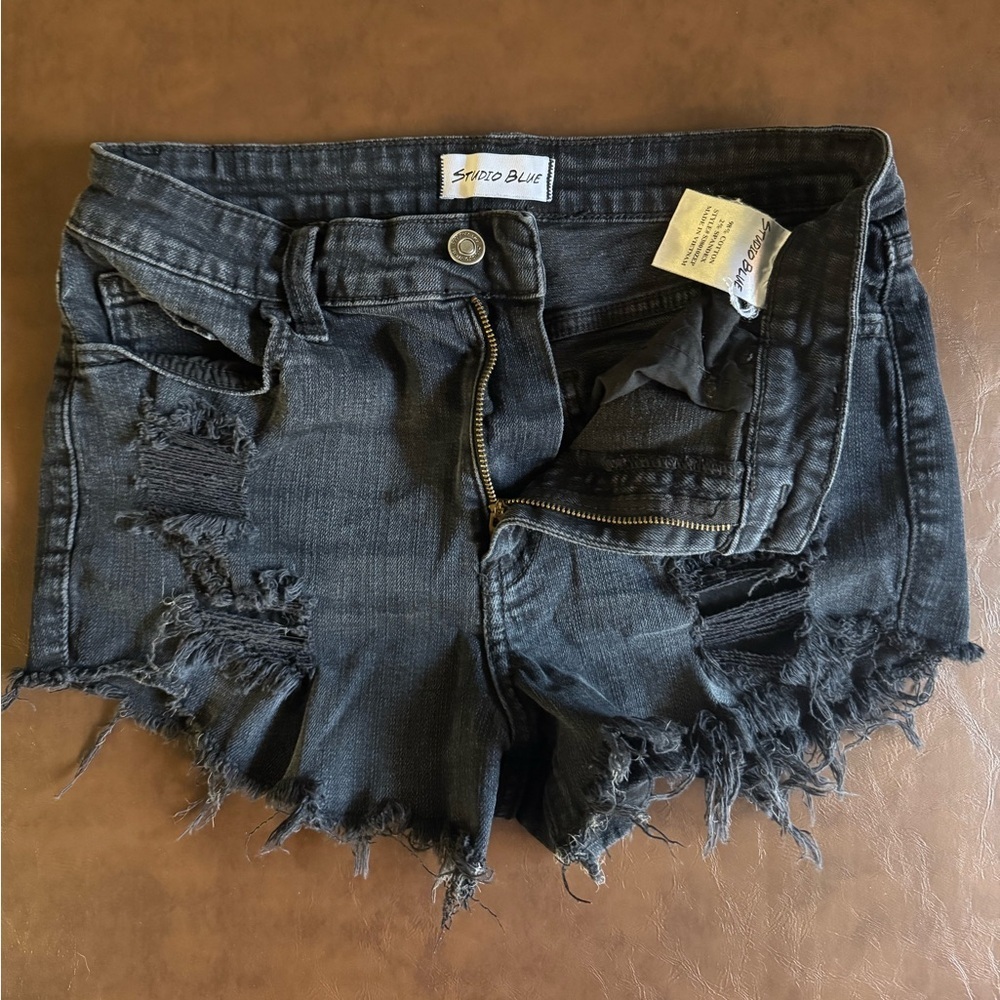Cotton Charcoal Dark Distressed Jean Shorts - Studio Blue - Picture 3 of 5
